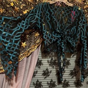 Whimsigoth witchy fairy bell sleeve wrap top cardigan shrug blue and black